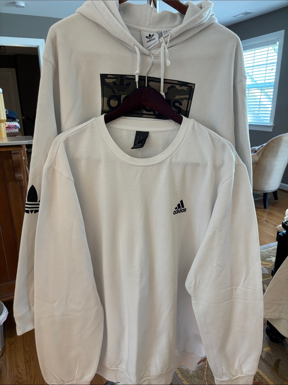 Two adidas White Sweatshirts- Crewneck Size XL and Hoodie with Camo Logo Size XX